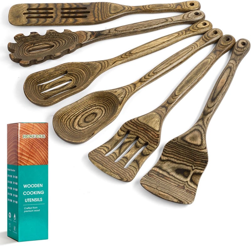 HOWHONG Wooden Spoons for Cooking, Pakkawood Kitchen Utensil Set Granite, Premium Durable Wooden Utensils for Nonstick Cookware, Heat Resistant, Smooth Finish, Comfortable Grip, 6 Piece - Image 1